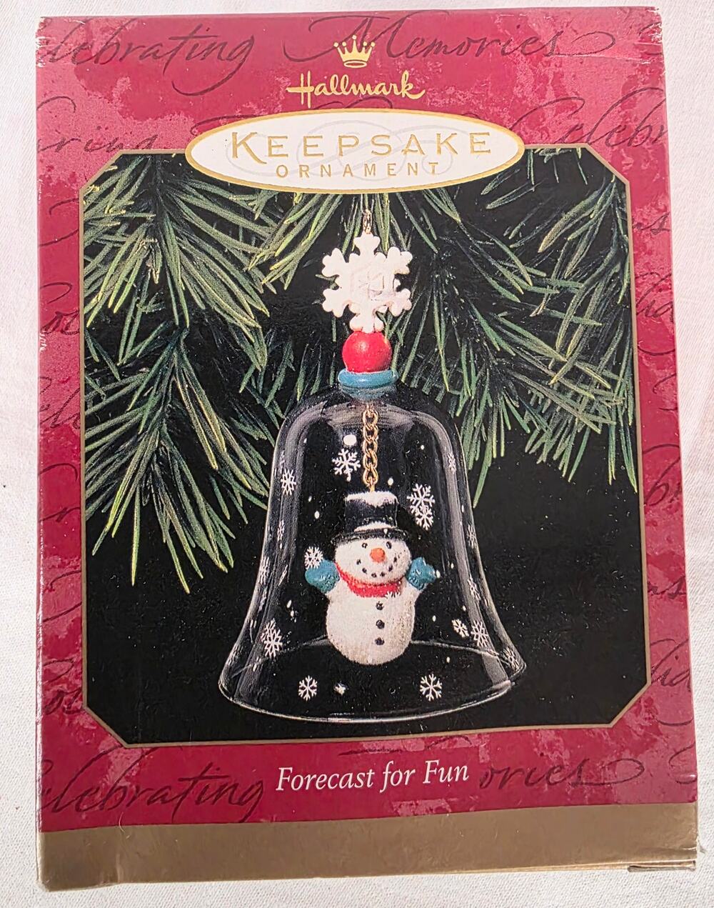 Vintage 1999 Halmark "Forecast for Fun" Clear Bell w/Snowman Ornament NOS NIB